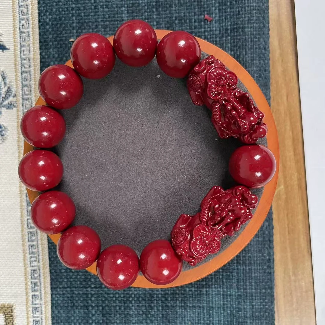 含辰砂工艺品卡14mm 搭配背部雕刻如意双貔貅单圈手链