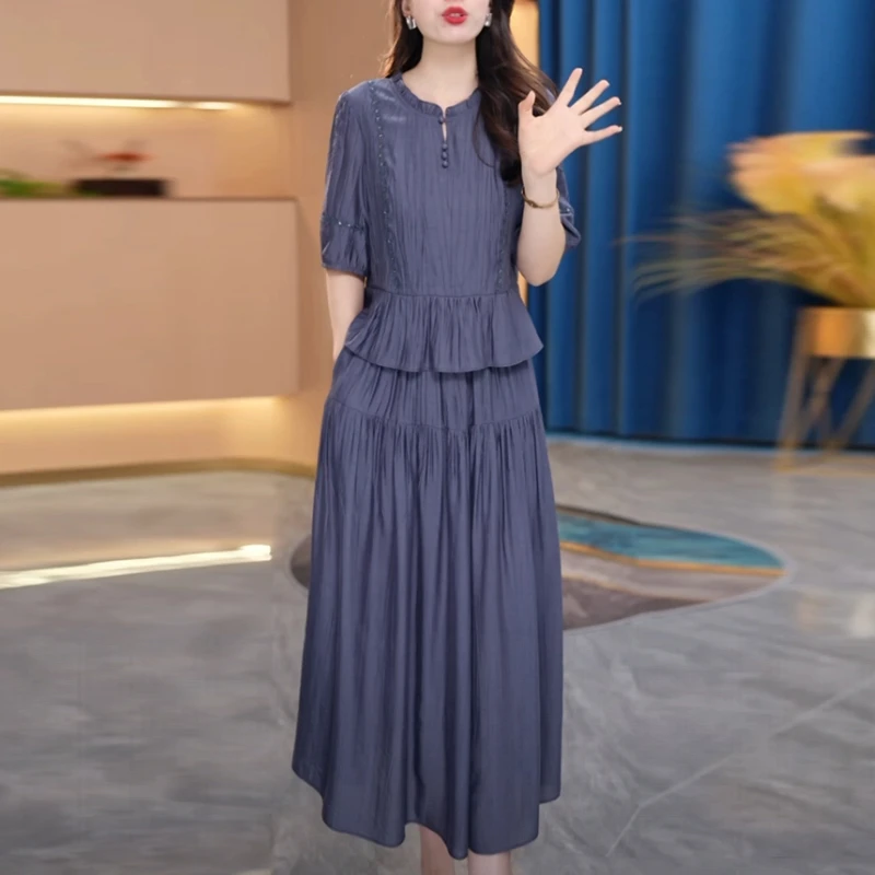 冰桑缎高级感轻奢女装2025夏季新款时尚遮肉显瘦短袖气质连衣裙子