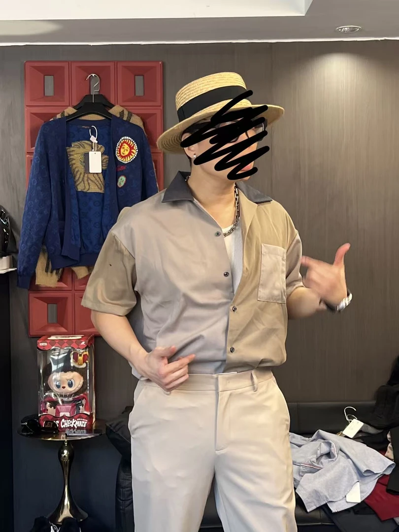 28437-春秋短袖最新美式拼色POLO领衬衫痞帅休闲宽松