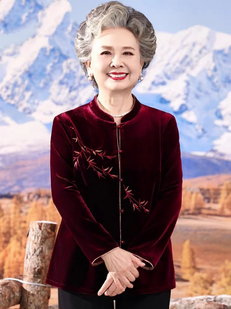 中老年妈妈秋季长袖衬衫60岁70奶奶金丝绒薄外套80老太太富贵衣服