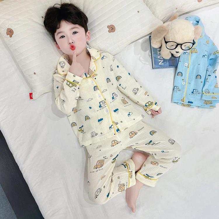 卡通汽车儿童睡衣套装A类纯棉春秋季宝宝男童开衫家居服全棉纱布1