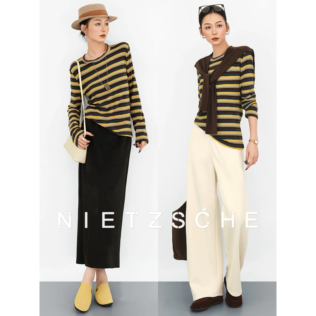 尼采 官方直营｜可露丽｜纤维素纤维 百搭减龄条纹长袖针织T恤62005