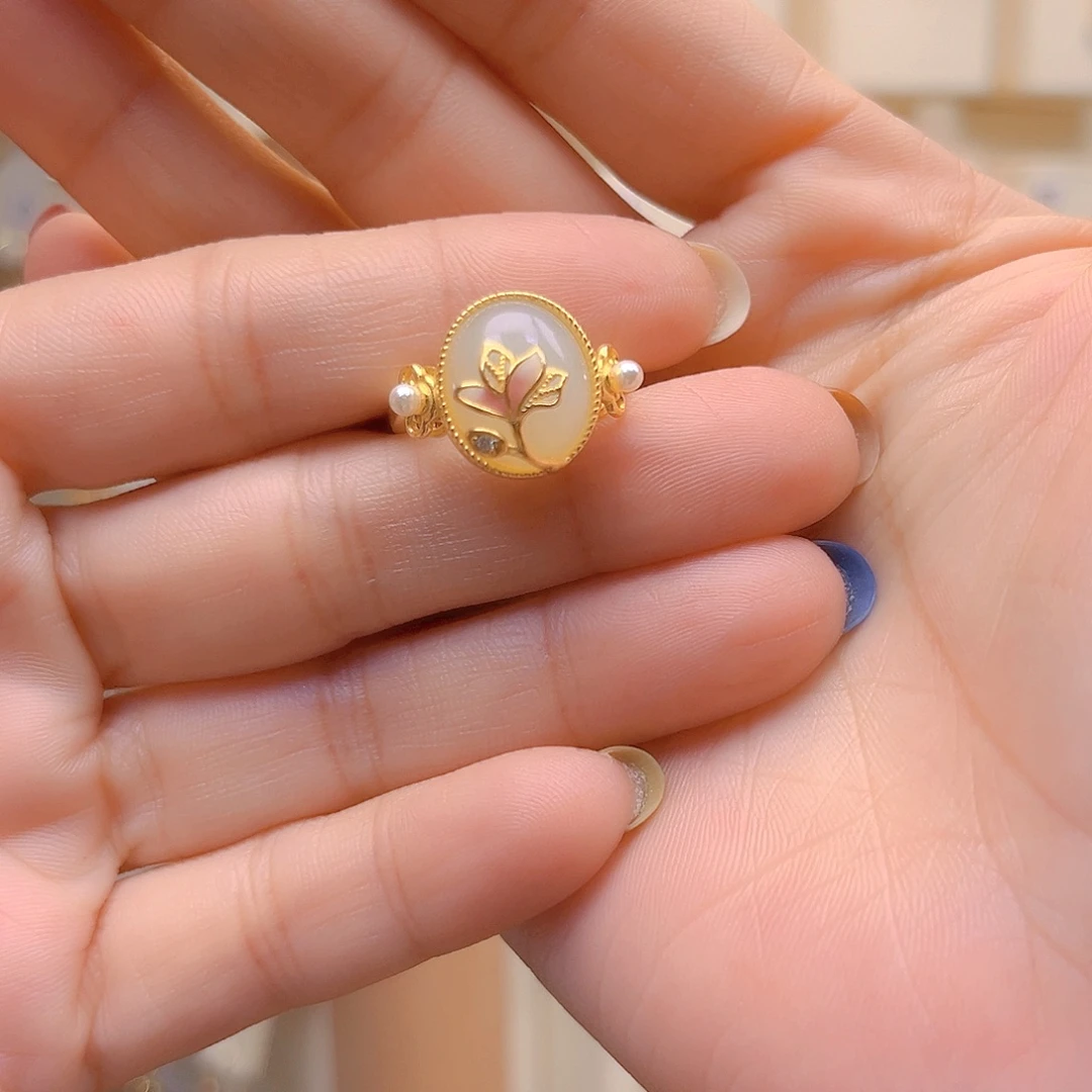 和田玉银S925镀金镶嵌戒指