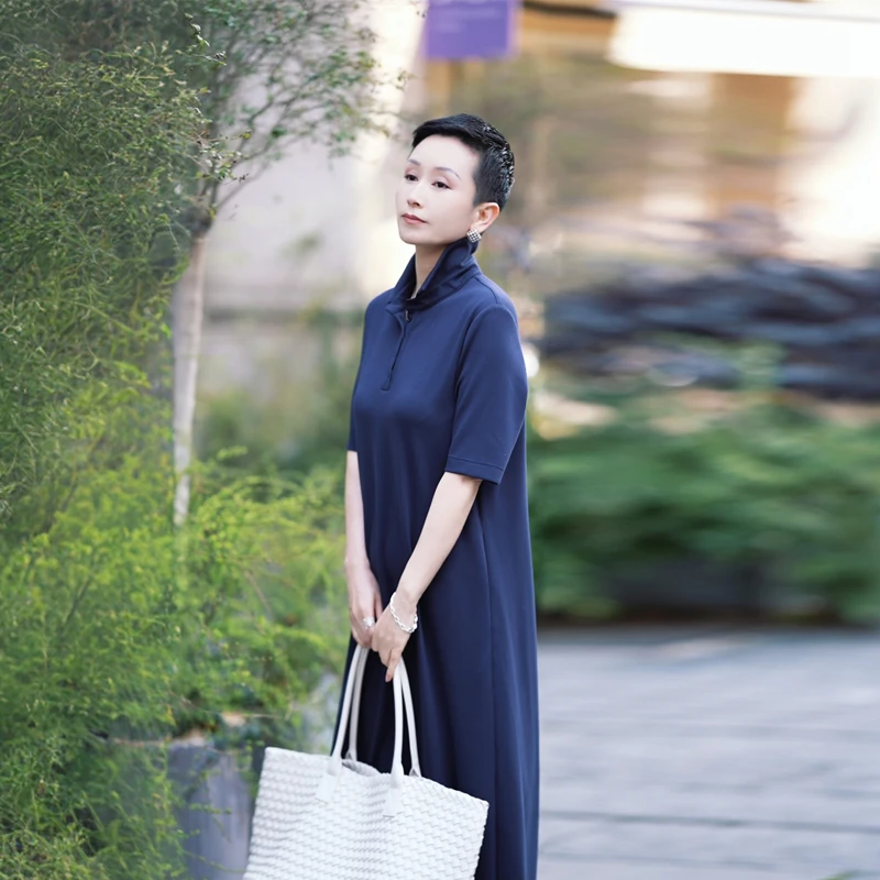 溏朵记2025夏季薄款清凉透气polo领中长款短袖显瘦连衣裙10223