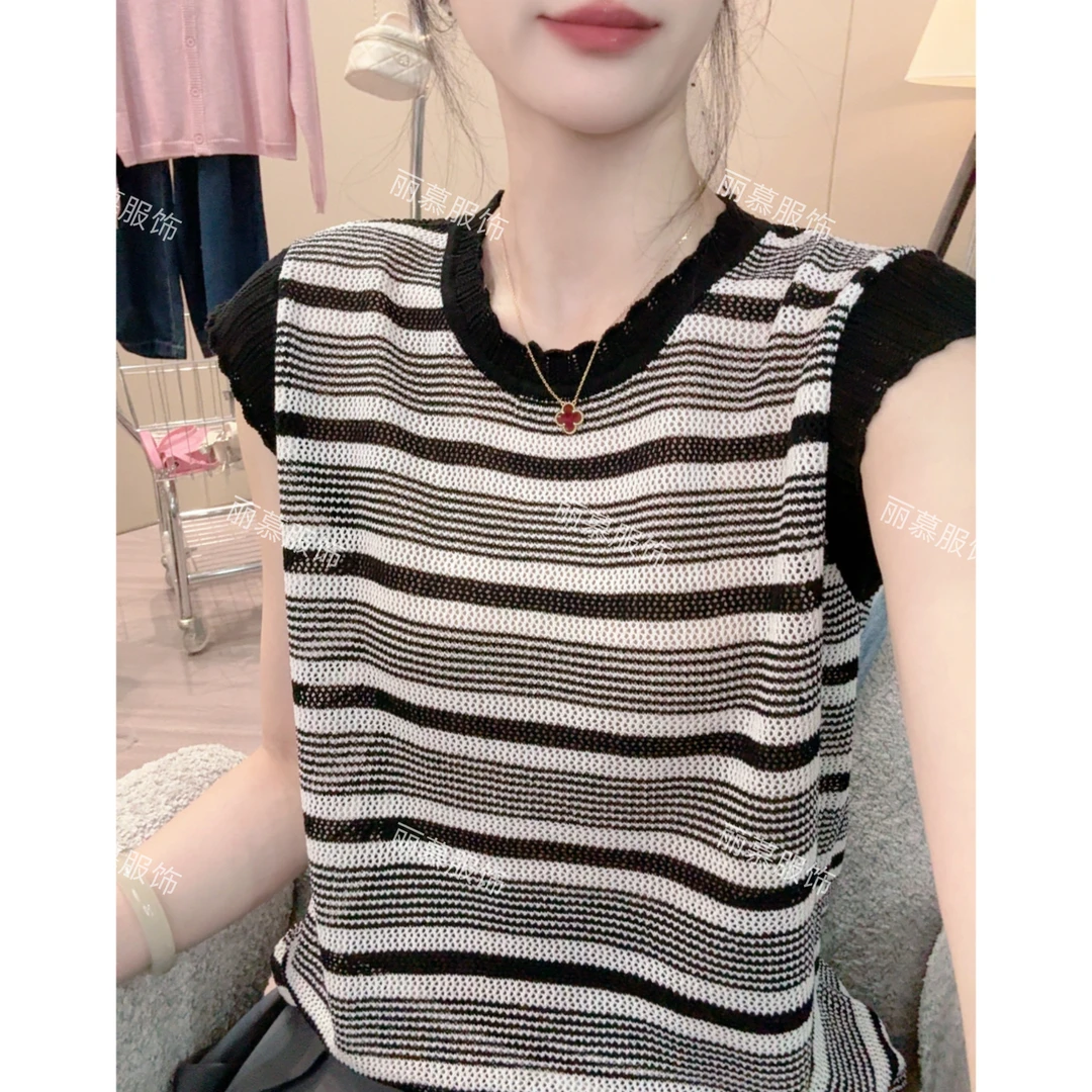 【花边飞飞袖】镂空条纹和纸纱花边圆领飞飞袖气质针织短袖1801