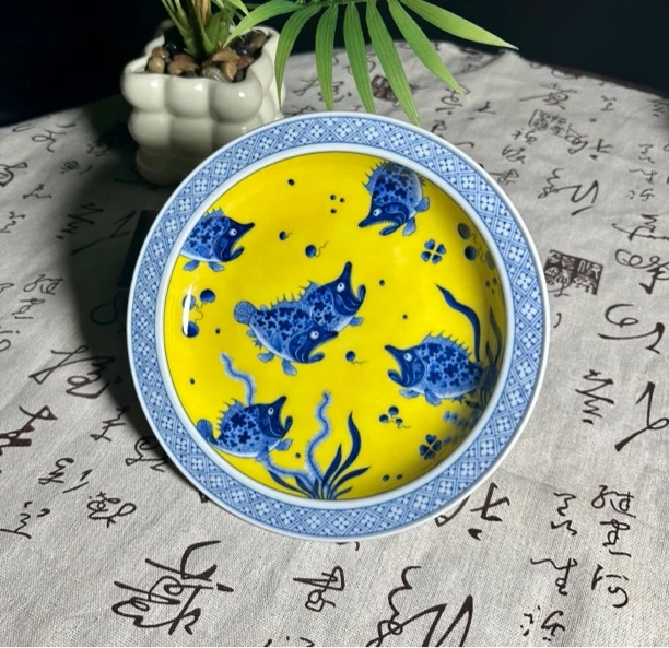 水造  青花黄釉 鱼藻壶承