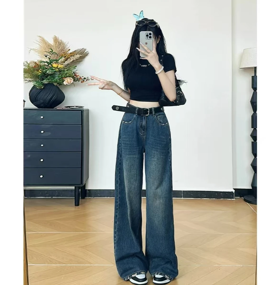 高腰阔腿裤牛仔裤女2025秋季网红百搭新款微弹力宽松直筒显瘦潮