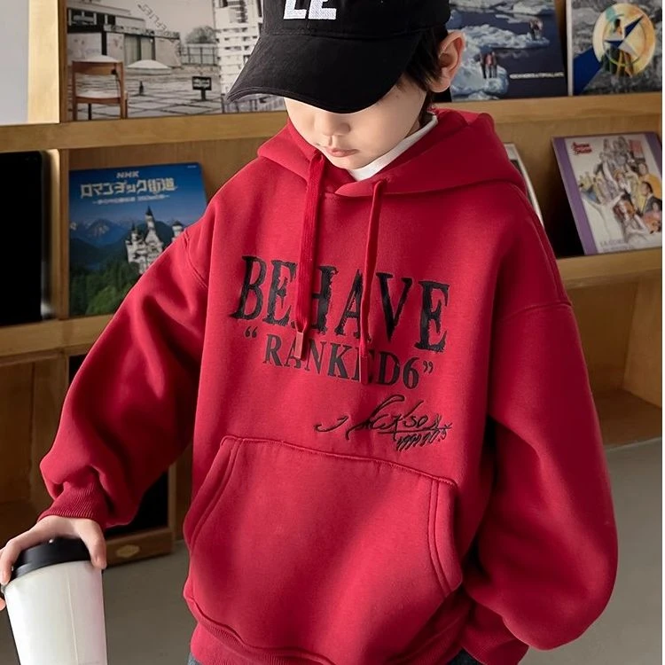 男童加绒卫衣秋冬款2025新款儿童冬季红色连帽上衣大童男孩本命年