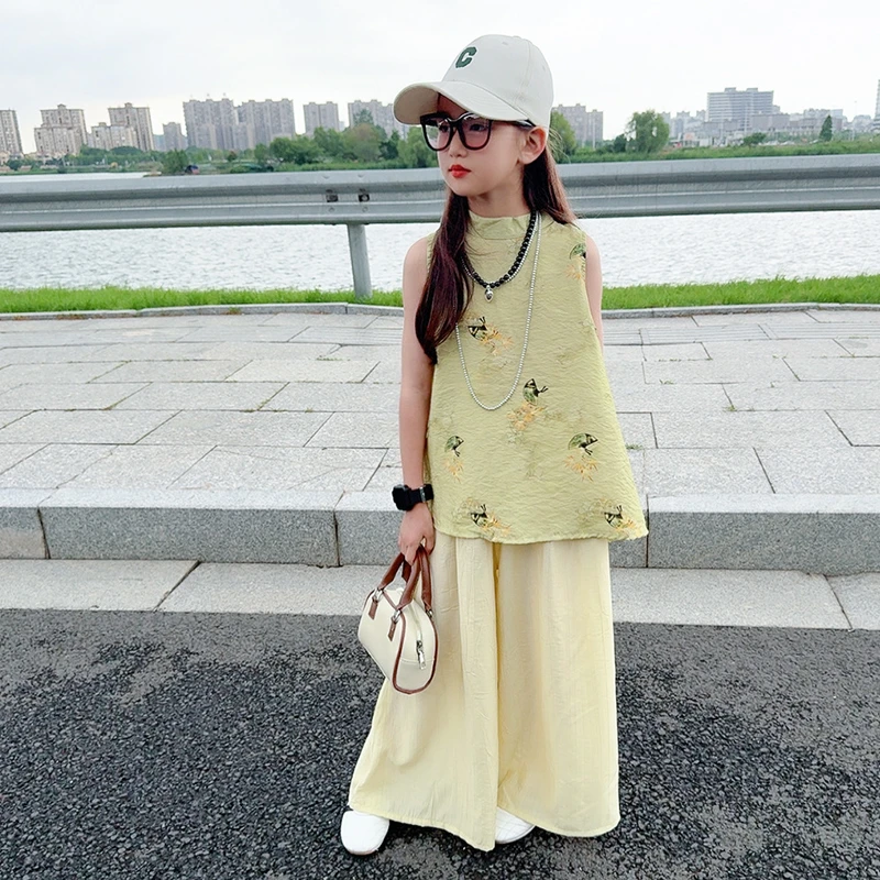 女童2025夏季新款套装古风无袖开叉上衣时尚百搭阔腿裤裙两件套潮