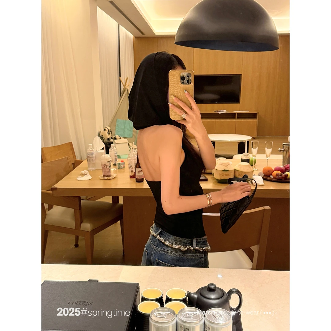 SUNONEONE 连帽弹力花边吊带背心女春夏性感露背修身上衣H0849C