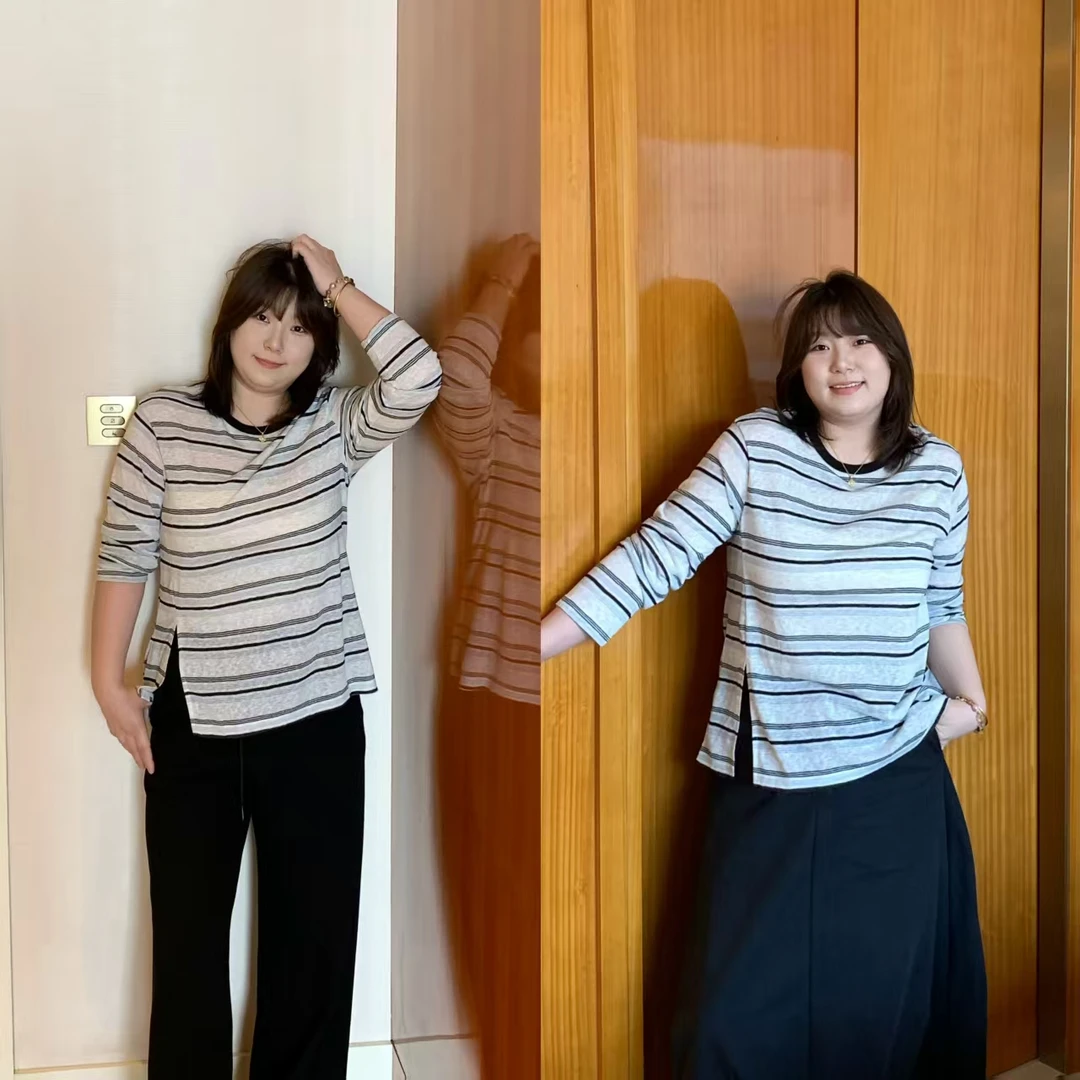 丽颖微胖定制  撞色雪花开衩条纹上衣