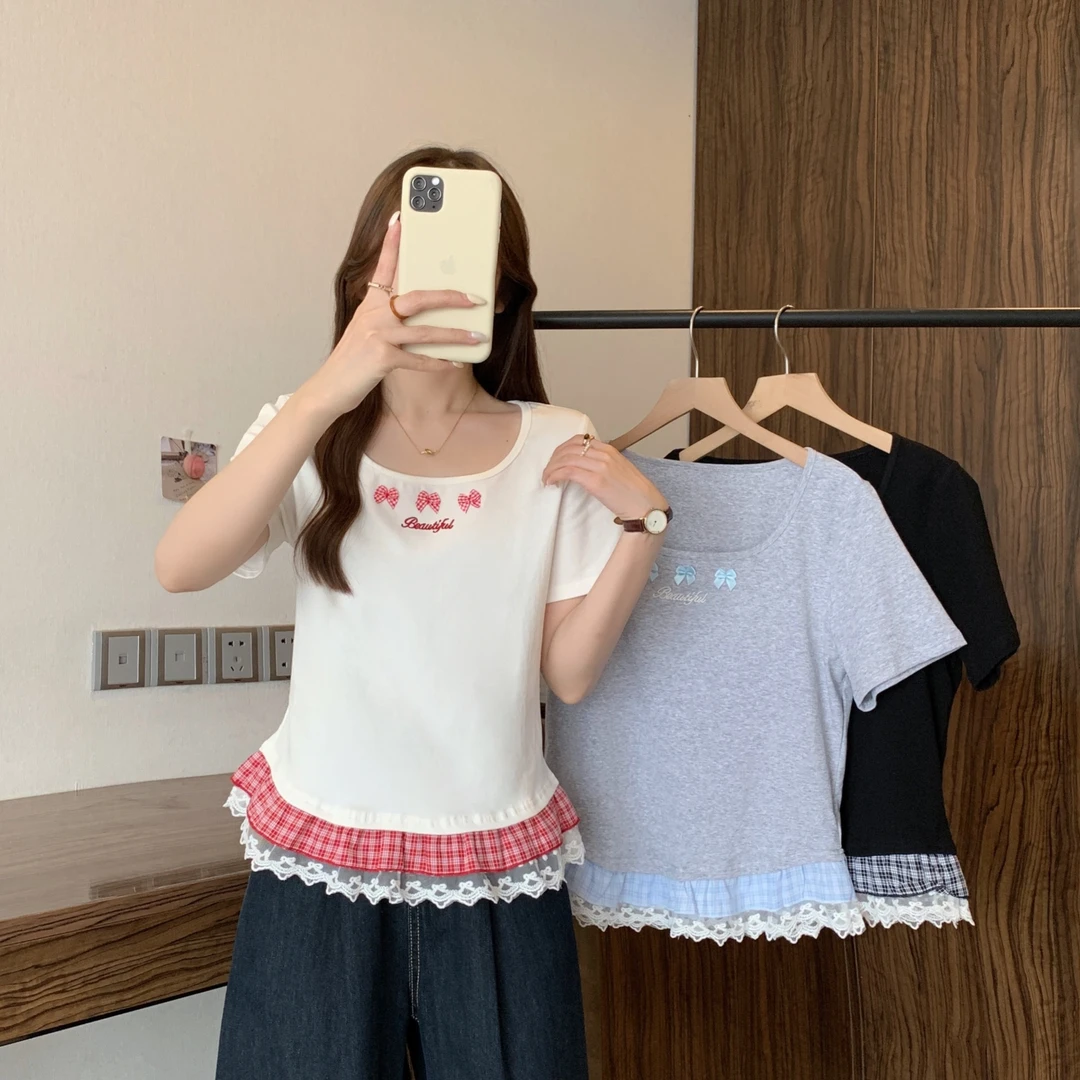 长2025夏款胖mm大码女芭蕾风蕾丝拼接短袖T恤甜美减龄上衣80040