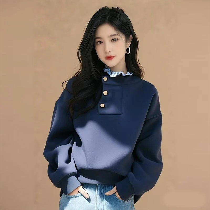 香朵儿蓝色木耳边拼接套头卫衣2025春秋新款时尚潮流百搭女装上衣
