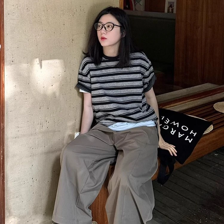 复古经典条纹衫宽松休闲舒适百搭圆领简约时尚短袖t恤女刺绣上衣