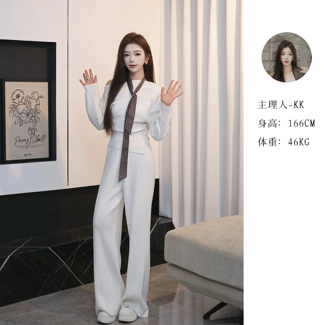 ANNACHIC慵懒风白色阔腿裤女春季新款直筒休闲裤气质优雅针织裤子