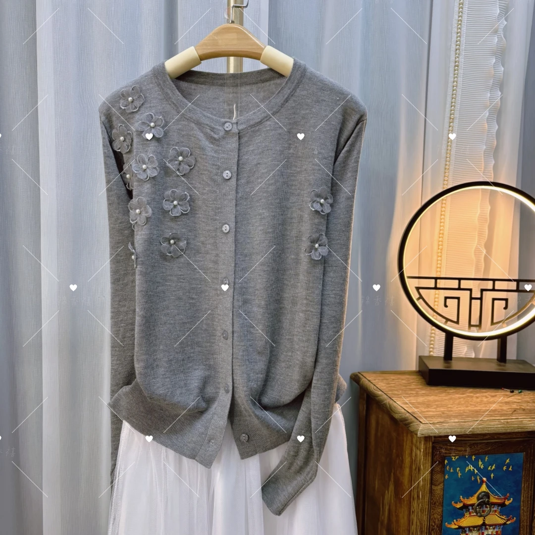 【V734赫本风薄款灰色】夏季新款圆领花朵针织衫女开衫女百搭防晒衫
