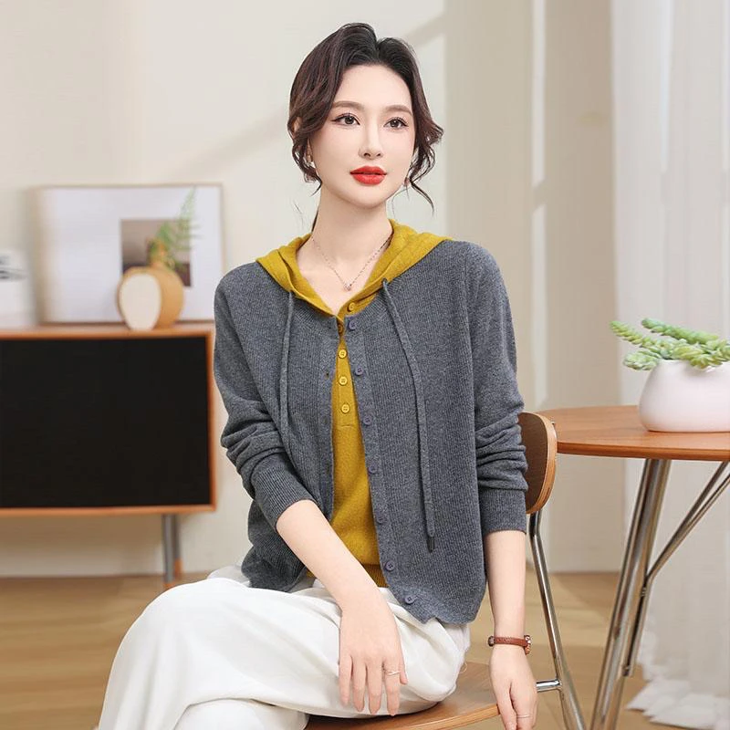 连帽卫衣针织开衫女春秋纯色宽松假两件拼接上衣洋气外搭毛衣外套