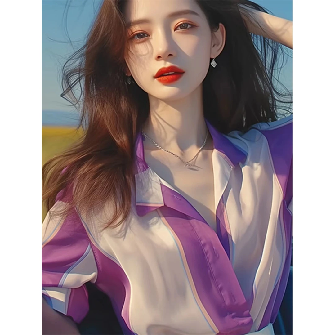 法式独特小上衣超好看女夏装2025年别致绝美紫色短袖雪纺衬衫