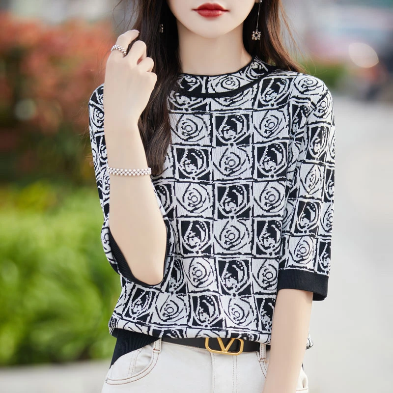 哥弟阿玛施正品夏季薄款短袖国风印花针织衫气质夏季圆领上衣T恤