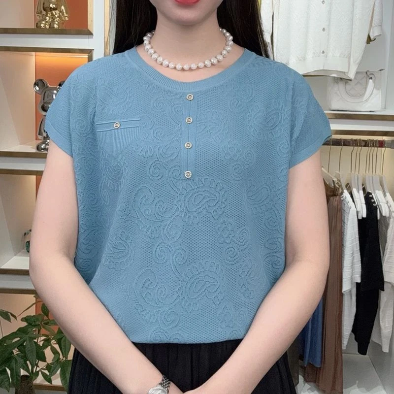 夏季新款时尚洋气中年妈妈圆领针织T恤短袖减龄套头宽松显瘦上衣