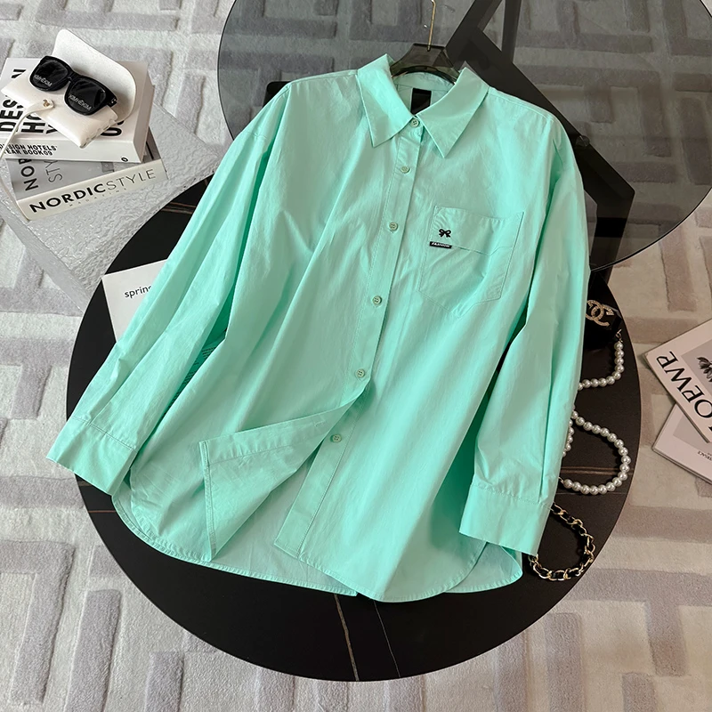欧货时尚设计感女装春季新款单排扣翻领气质显瘦中长款纯色衬衣潮