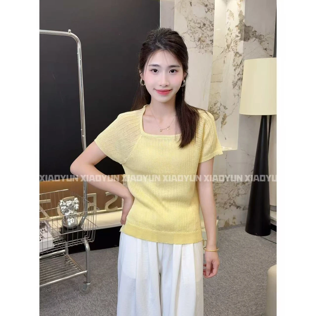 针织方领T 小允姐姐2025新款时尚气质高级针织方领T恤上衣