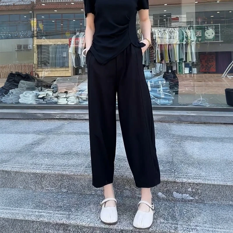 2025秋季黑色宽松抖抖裤休闲裤新款大码女装高腰显瘦九分哈伦裤子