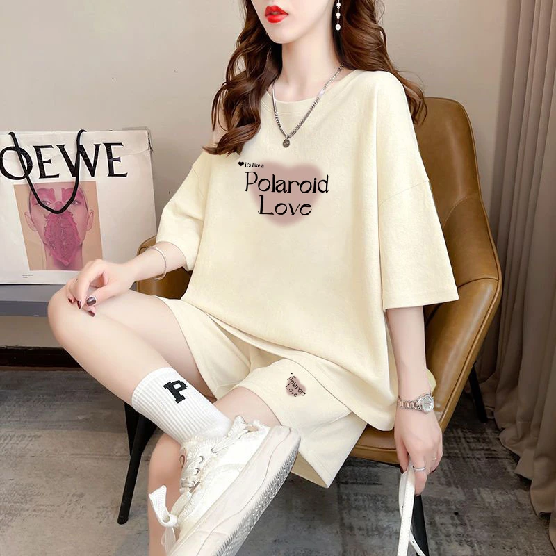 慵懒风穿搭休闲运动套装女士夏季大码宽松显瘦韩版短袖短裤一整套