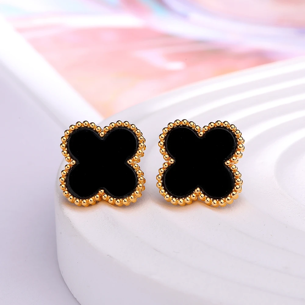 【618|柴柴专属】18k金豪镶黑玛瑙13mm四叶耳钉