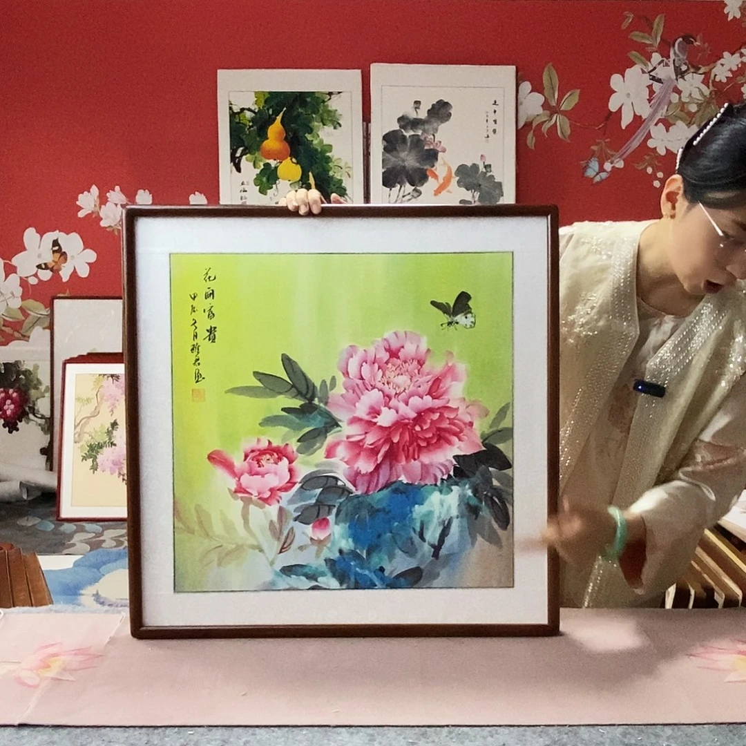 国画手写手绘国画作品带框包邮62✖️62