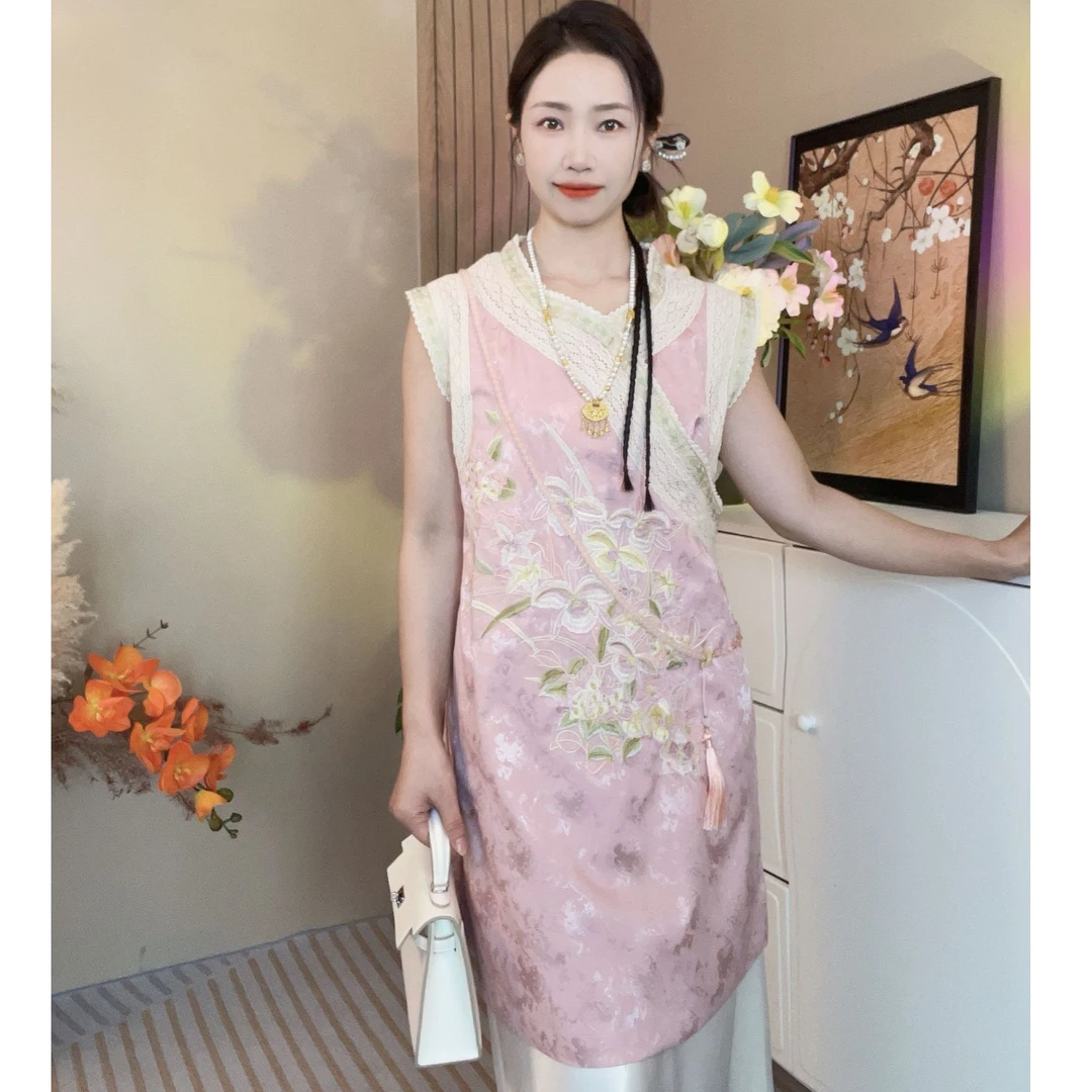 新中式无袖刺绣中长款常规款中国风休闲斜襟上衣