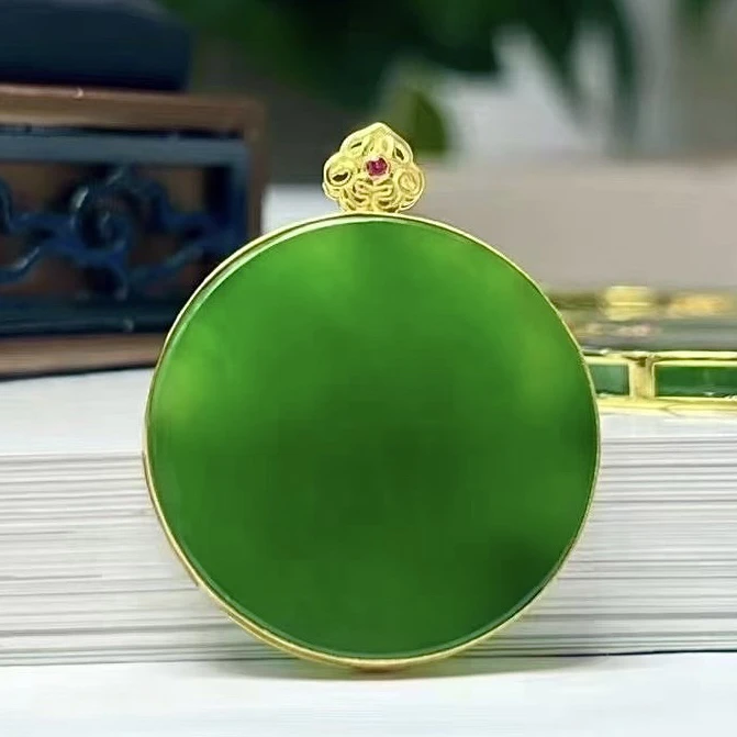 ［羽嘉］18K金大号老坑碧玉圆牌吊坠和田玉冰阳绿无事牌毛衣豪华30m