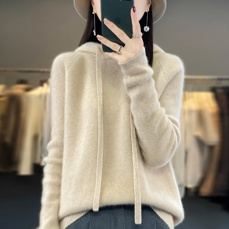 25冬季新款加厚羊毛衫女连帽100羊毛秋冬季内搭羊绒针织卫衣毛衣