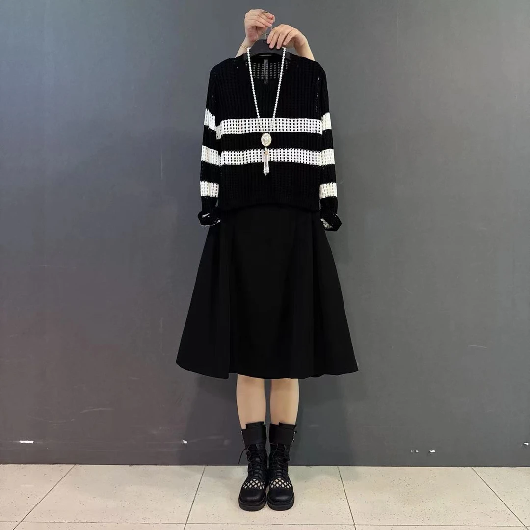 胖MM早秋新款圆领套头条纹针织衫无袖连衣裙韩版甜美两件套