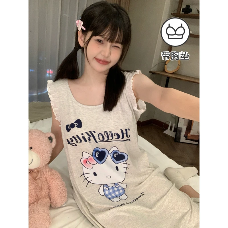 冰凉感【凯蒂猫】莫代尔背心无袖睡裙夏季睡衣少女卡通家居服带胸垫