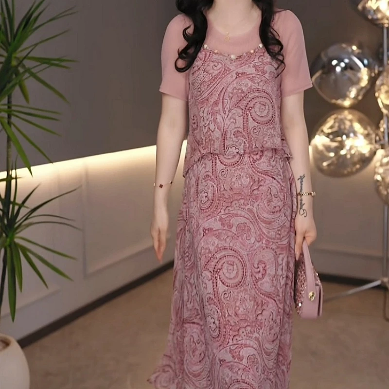 2025夏季新款时尚高端优雅气质减龄收腰百搭休闲碎花假两件连衣裙