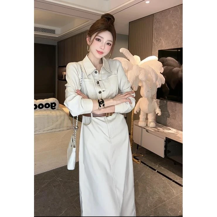 新款法式复古长袖连衣裙女慵懒风气质收腰工装长裙子小众设计时尚