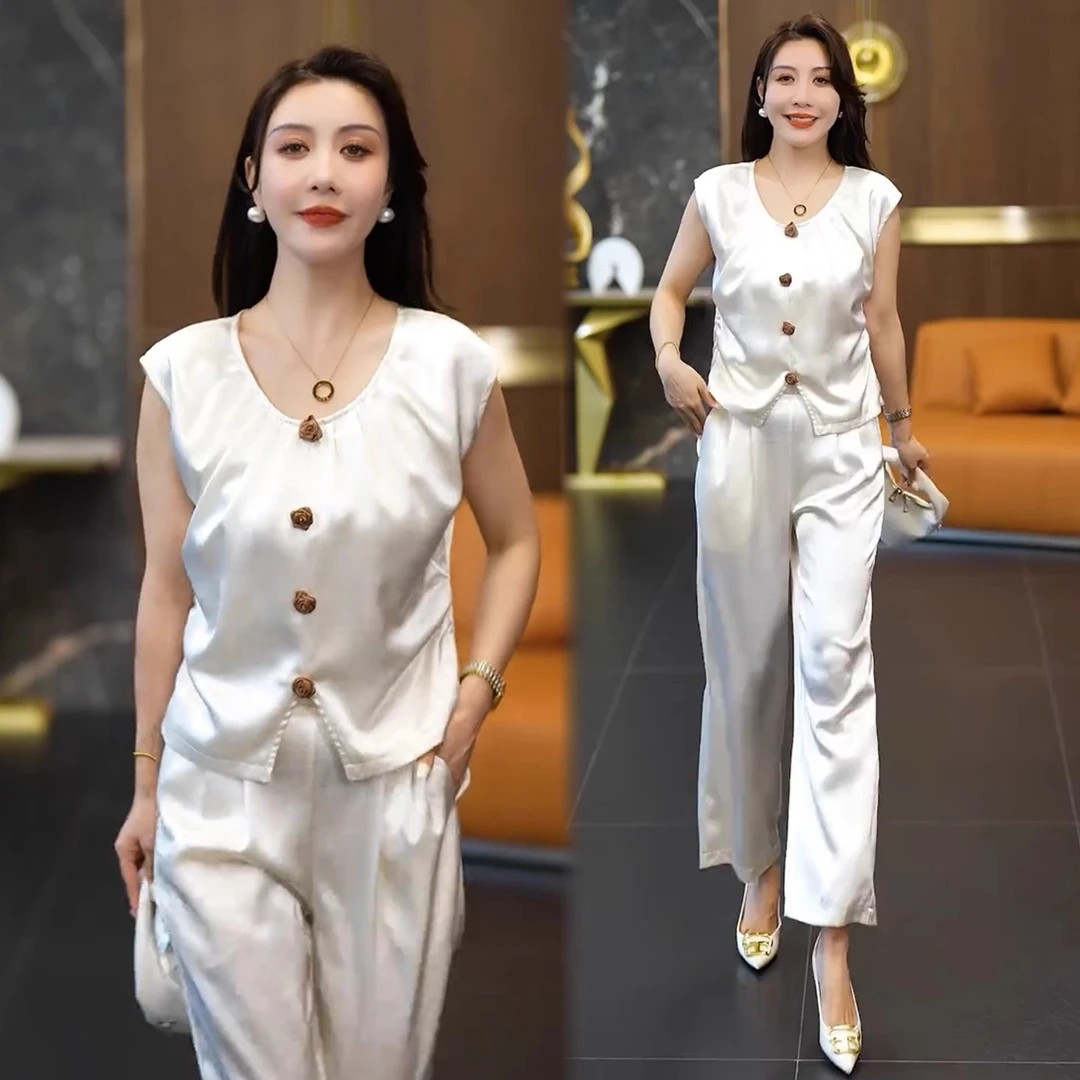 时尚套装女2025夏季新款洋气显瘦减龄设计感无袖上衣阔腿裤两件套