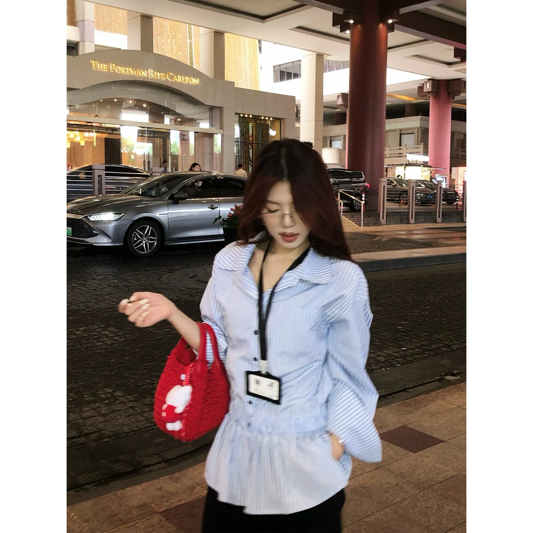 【鬼马周刊】甜辣多多长袖衬衫早秋条纹宽松版型收腰中长款衬衫女