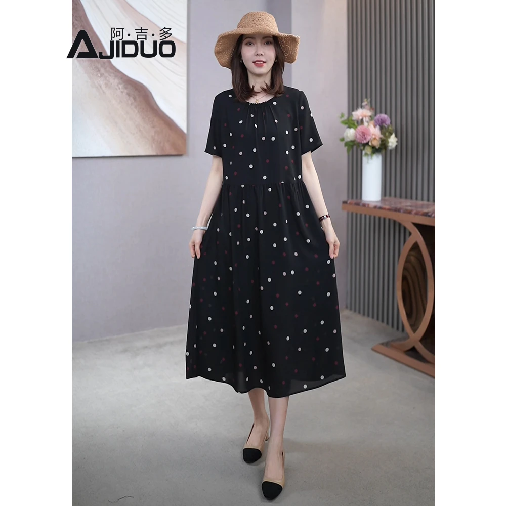 大码优雅气质波点连衣裙女2025年新款洋气妈妈装宽松显瘦直筒裙