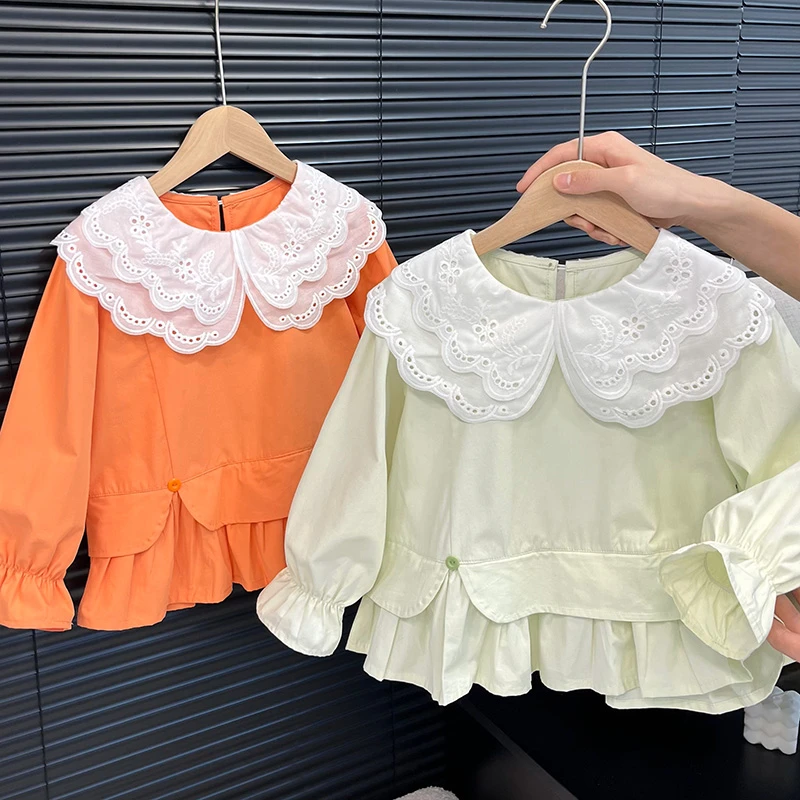 女童时尚春装新款蕾丝娃娃领韩系甜美假两件衬衫女春秋儿童长袖