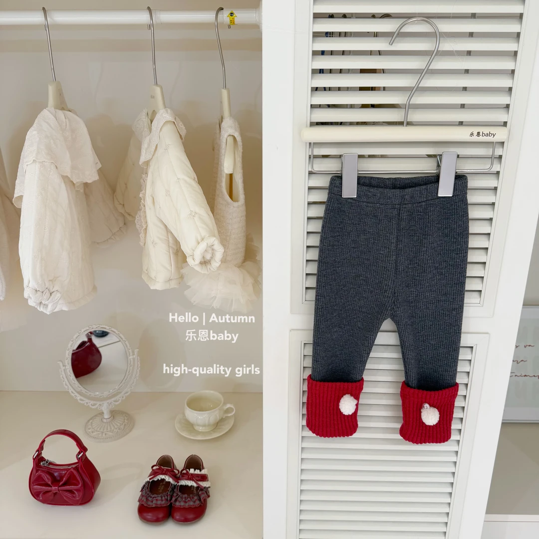 【乐恩童装】原创设计冬季女童灰拼红堆堆袜裤加绒加厚百搭打底裤