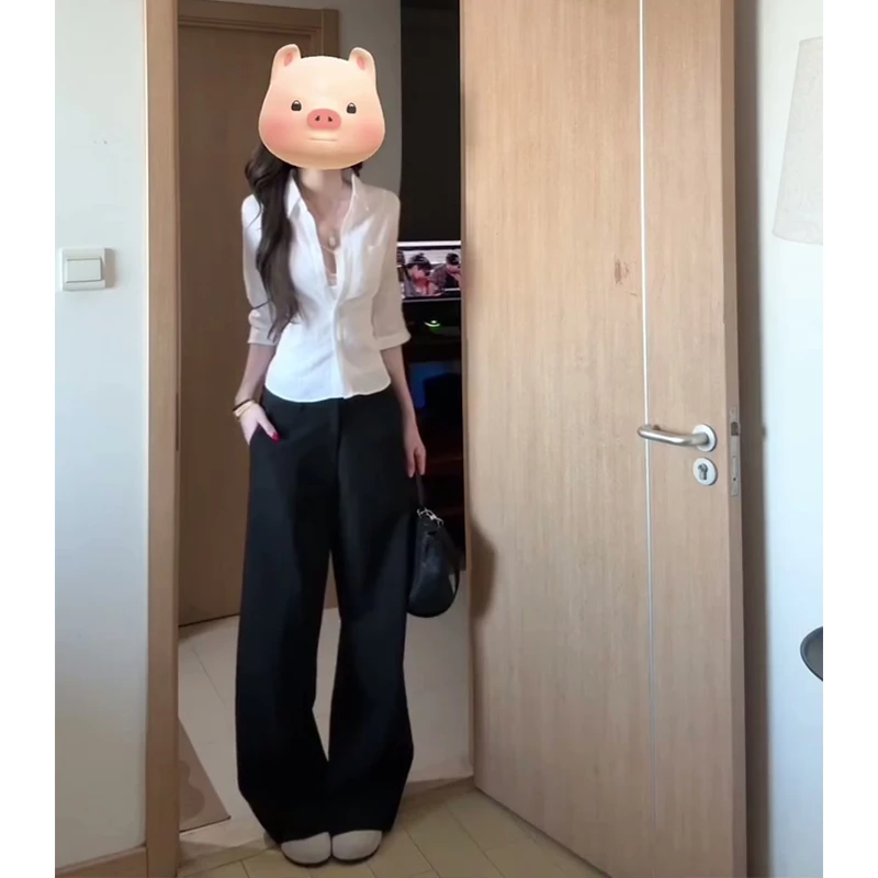 2025夏季新款法式气质翻领修身薄款衬衫上衣高腰垂感阔腿西装长裤