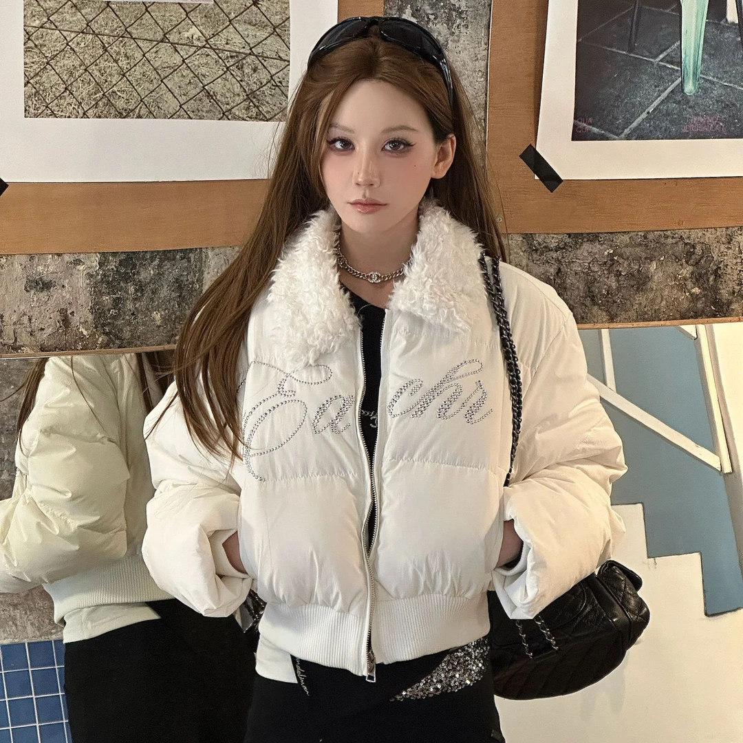 【可可推荐】【罗迪欧大道】短款版型钉珠毛领艺术字棉服S224