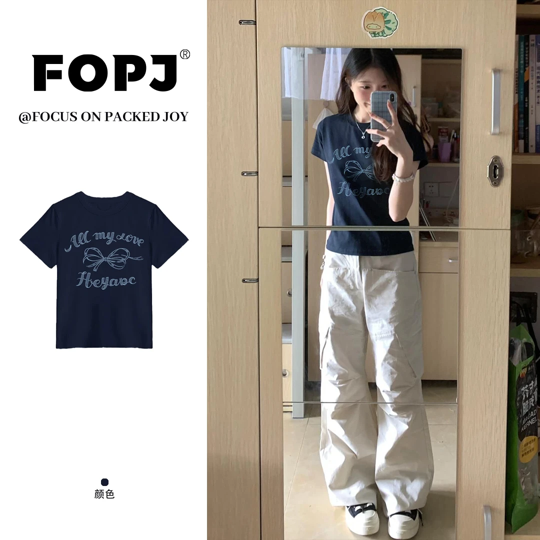 FOPJ美式复古正肩短袖t恤女夏季新款修身显瘦时尚百搭别致ins上衣
