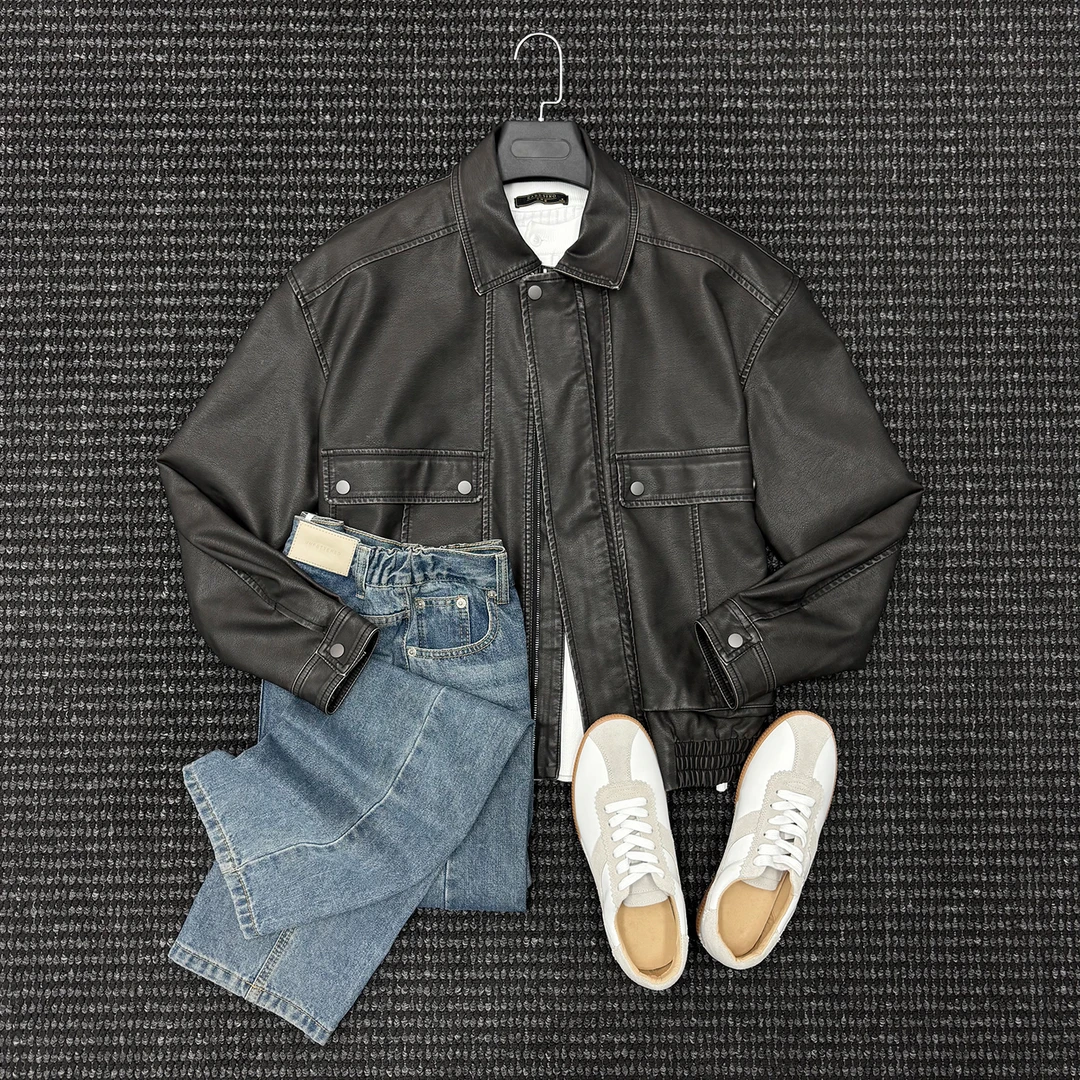 美式时尚复古做旧PU软皮衣外套男士秋冬帅气休闲机车美拉德皮夹克