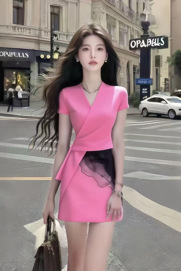 轻奢修身短款粉红色时尚套装气质高腰修身显瘦两件套高级小众风