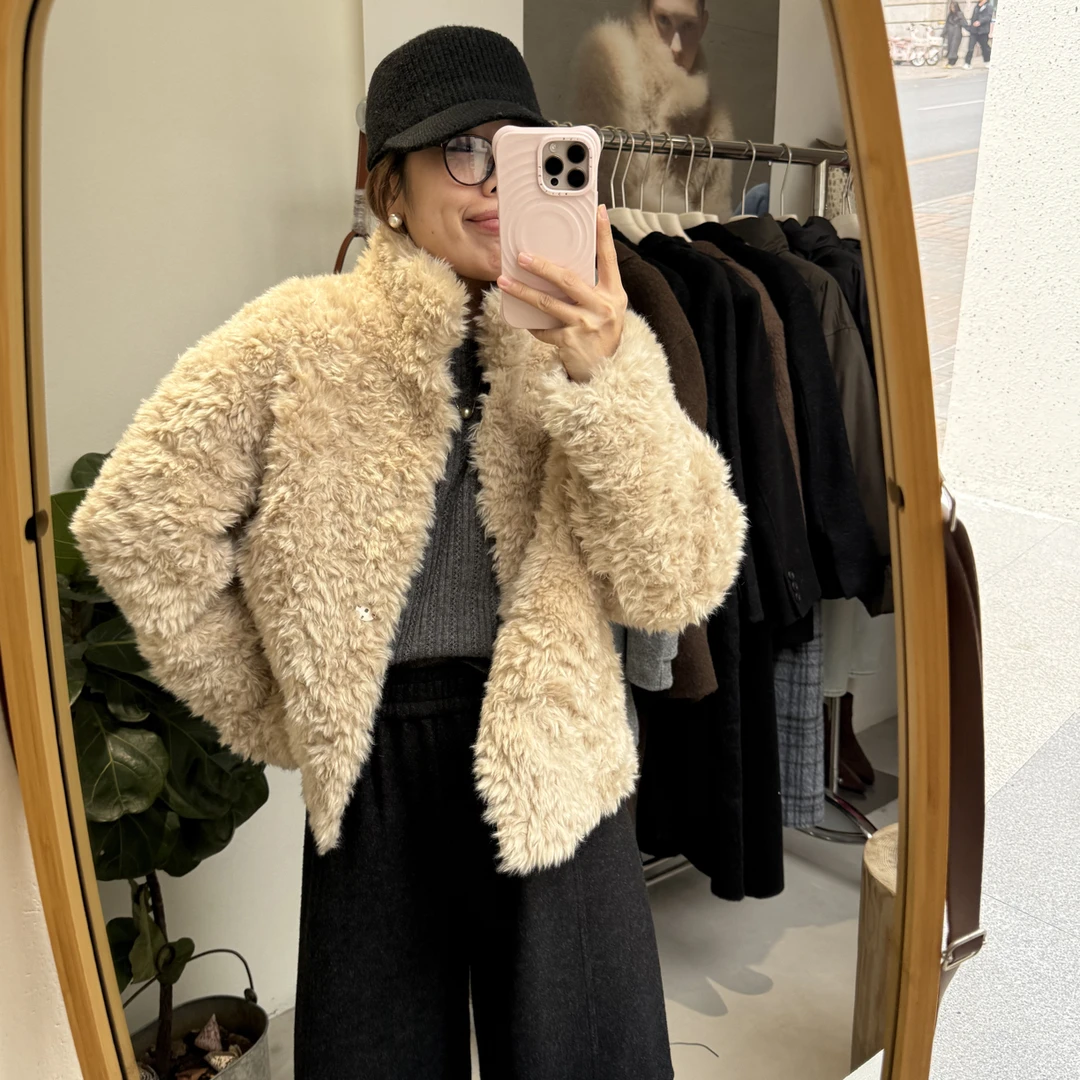 韩系羊羔毛短款外套女宽松外套