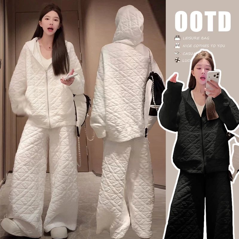 2025秋冬孕妇装大码宽松韩版甜美舒适连帽棉服休闲阔腿裤孕妇套装