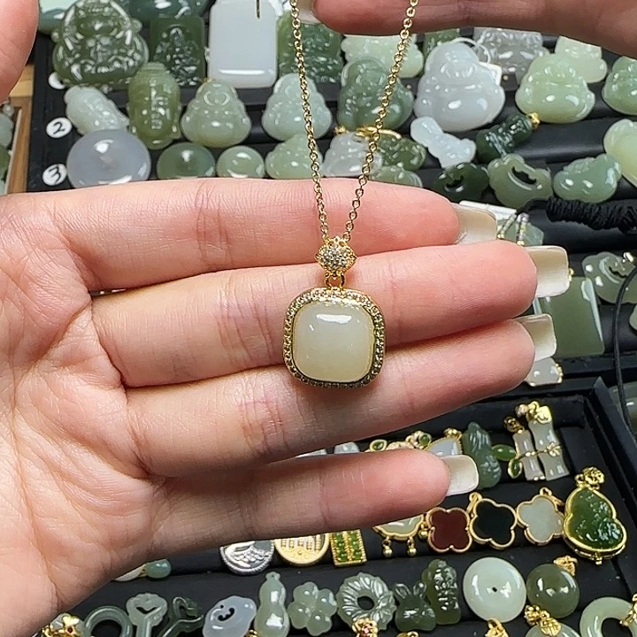 颈饰银S925镶嵌和田玉送链子送绳